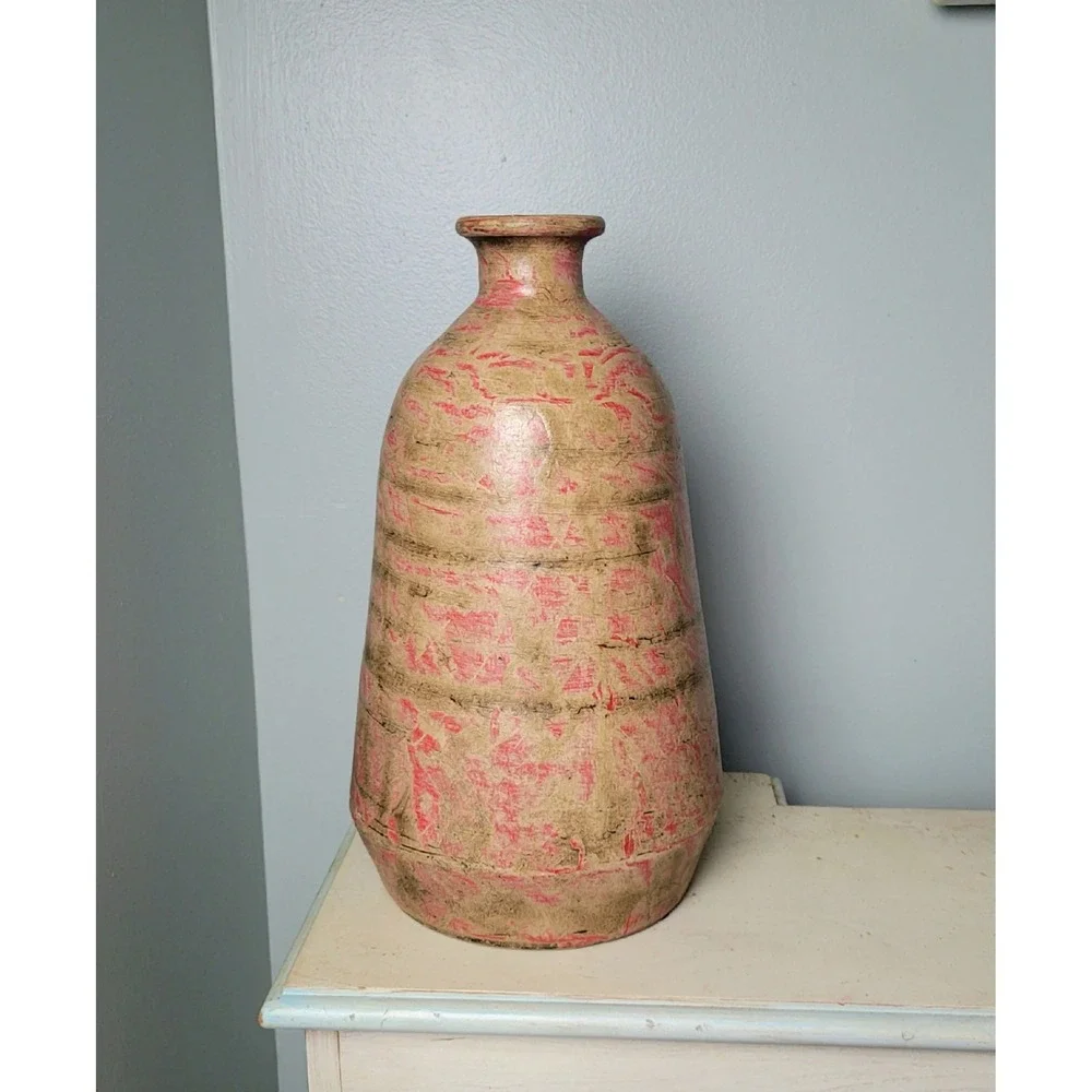 Vintage‎ Mexican Terracotta Vase Pink Tan Distressed Rustic Pottery 12 Inch